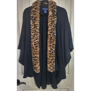 Adrienne Vittadini Womens OS Cape Shawl Faux Fur Leopard Black